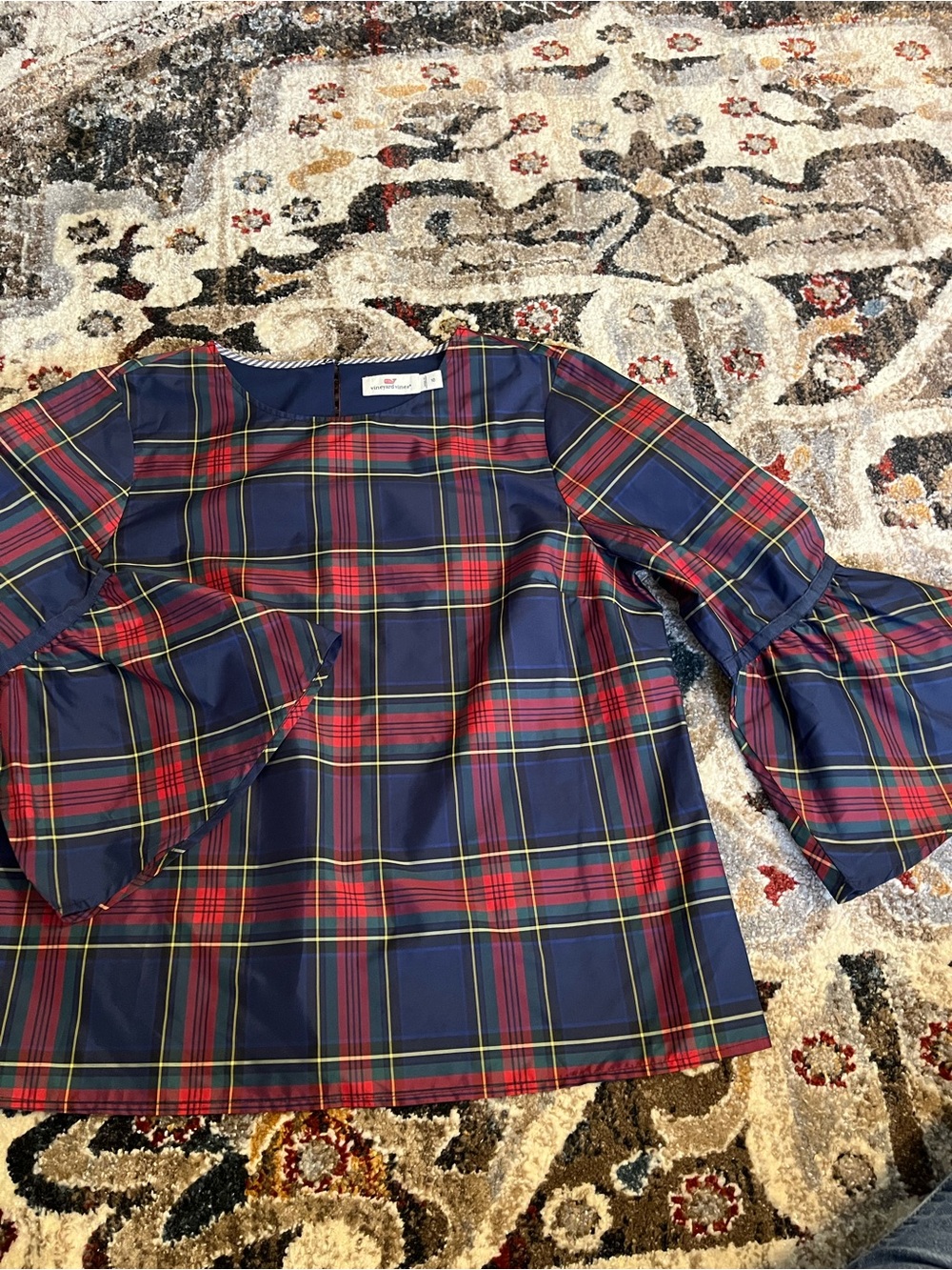 Vineyard Vines Girls' Navy Red Plaid Bell Sleeve Top